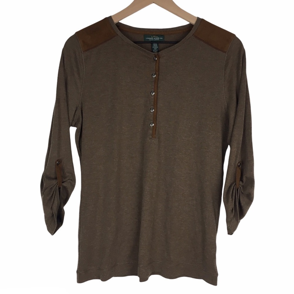 LAUREN RALPH LAUREN Top Henley Elbow Patch Western Ranch Yellowstone Style Large